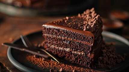 Decadent Chocolate Cake Slice Topped with Rich Chocolate Frosting, Served on a White Plate in an...