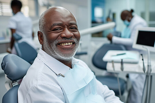 Satisfied African American senior man at dentist's office looking at camera - Powered by Adobe