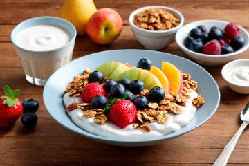 Bowl of homemade granola with yogurt parfait and fresh berries and ingredients on wooden table.