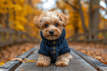 Portrait of dog Maltipoo wearing a knited sweater and playing with a pile of leaves in autumn park - obrazy, fototapety, plakaty