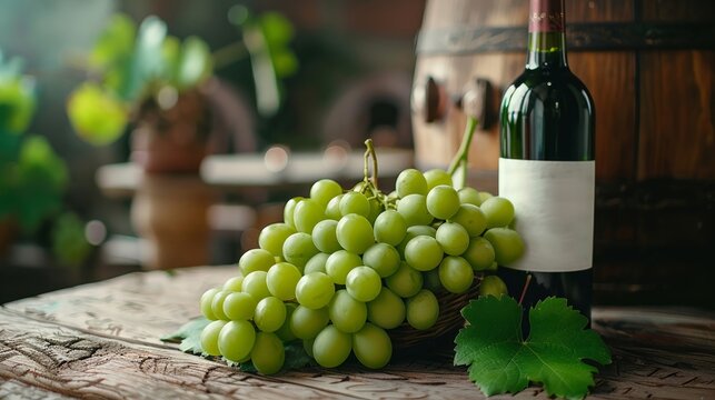 Fresh green grapes cluster next to a bottle of wine