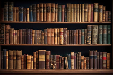 Large collection of old books on wooden shelves - obrazy, fototapety, plakaty