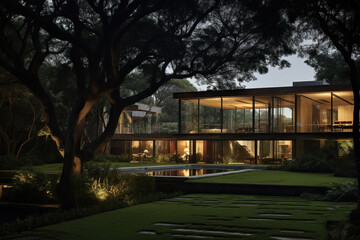 Night architecture outdoors dusk building exterior tree grass