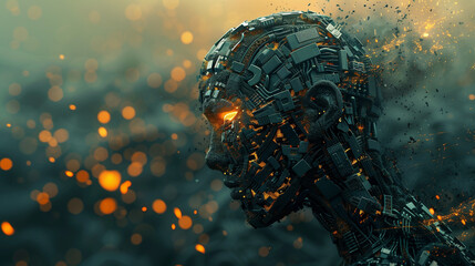 Illustration of a head of humanoid robot with hard drive and chip inside - obrazy, fototapety, plakaty