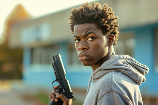Angry African American teenager with handgun on city street. Young criminal prepares to rob store in town district. Social problems presentation