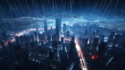 Cityscape with glowing data cables