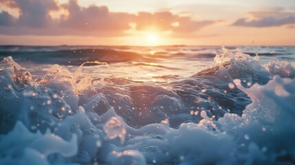 Ocean surf with warm evening light. Ocean waves and sea foam,Ocean Wave Crashing at Sunrise, colorful beautiful blue waves with sunlight, closeup sunset sea water background beautiful nature
 - obrazy, fototapety, plakaty
