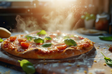 Freshly baked pizza with basil, tomatoes and mozzarella on the kitchen, homemade pizza close up, selective focus with sunlight rays from the window in the background
 - obrazy, fototapety, plakaty