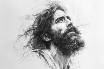 Fototapeta premium Poignant black and white pencil illustration of Jesus Christ with a crown of thorns looking skyward.