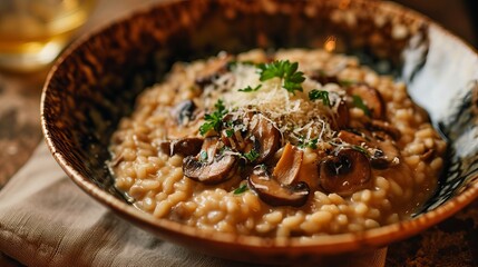 Delicious Mushroom Risotto Served in Rustic Bowl, Garnished with Grated Cheese and Fresh Herbs, Captured in Warm Kitchen Lighting - obrazy, fototapety, plakaty