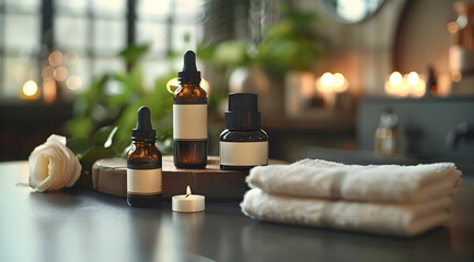 Fototapeta premium Essential Oil Bottles with Mockup Labels on Relaxing Background