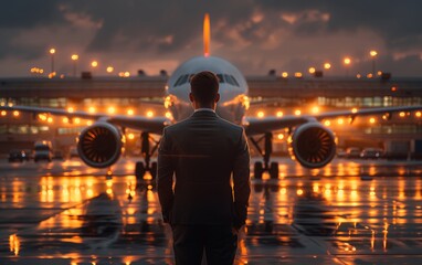 A man stands in front of a large jet plane, looking at it. The scene is set at an airport, with the plane parked on the runway. The man is dressed in a suit - Powered by Adobe