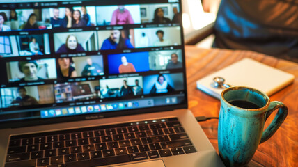 Zoom call from laptop next to a mug of coffee. Remote work from home