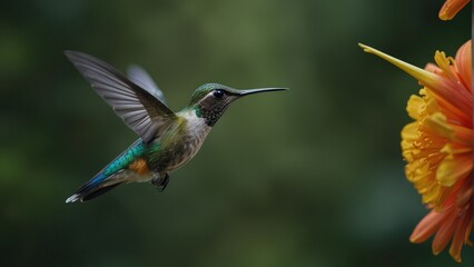 Fototapeta premium Aglaiocercus Kingi Hummingbird Vibrant Flight amidst Colombian Tropical Flora