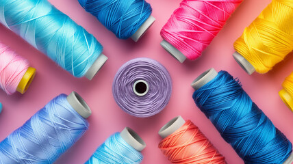 skeins of bright threads top view, pink background - obrazy, fototapety, plakaty
