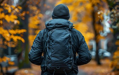 A man wearing a black jacket and a black backpack is walking through a park. The autumn leaves are falling around him, creating a serene and peaceful atmosphere