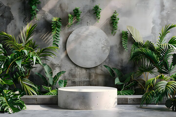 A white stone podium with a circle on a concrete wall surrounded by plants. High quality