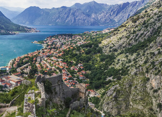 Ancient Old Town city walls around St John Fortress in Kotor, Montenegro
