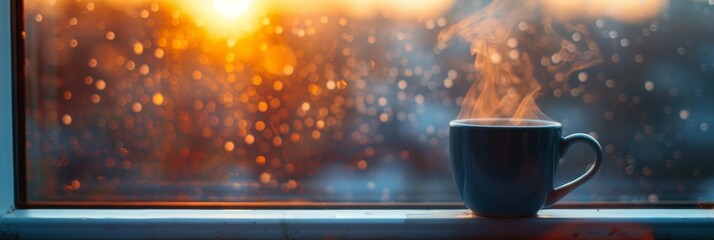 Steaming coffee cup on rainy window