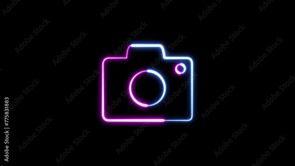 Poster abstract rendering glowing neon symbol of photo camera animation. neon camera icon multicolor glowin