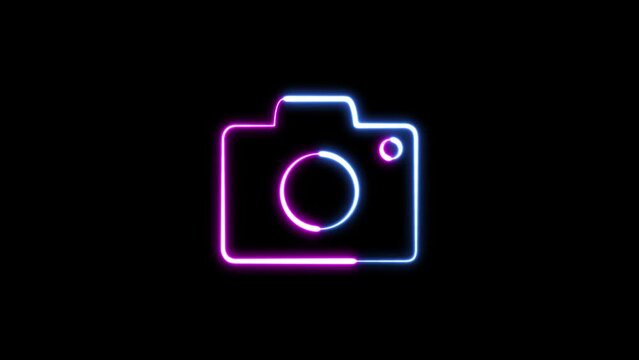 Abstract rendering glowing neon symbol of photo camera animation. Neon camera icon multicolor glowing animation