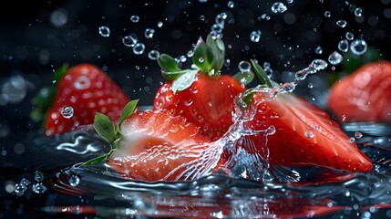 3 strawberries, one strawberry is cut in half and splashes of water around it, black background, hyperrealistic photography in the style of red color, bright light 