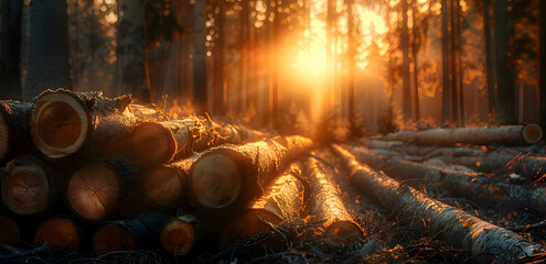 A pile of cut wood in the forest. Logging trees. Deforestation problem. High quality - obrazy, fototapety, plakaty