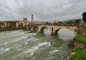 Historic "Ponte pietra" on River Adige in Verona, Veneto, Italy