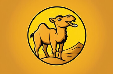 A cute illustration of a camel within an emblem, featuring a desert scene