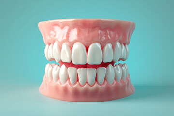 Obraz premium Jaw model with white teeth isolated on empty light blue background with space for text or inscriptions 