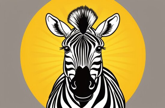 A graphic black and white zebra against a yellow sunburst on a gray background