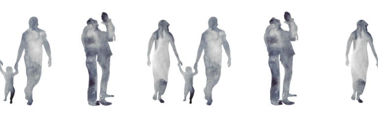 Watercolor border with silhouettes of people. Brush strokes in the form of blue silhouettes of people,Silhouette of family on white background.