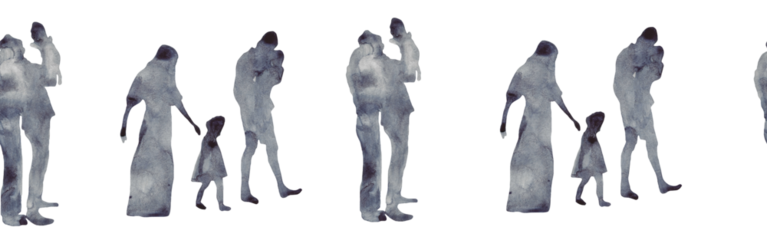 Watercolor border with silhouettes of people. Brush strokes in the form of blue silhouettes of people,Silhouette of family on white background.