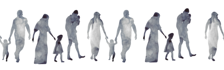 Watercolor border with silhouettes of people. Brush strokes in the form of blue silhouettes of people,Silhouette of family on white background.