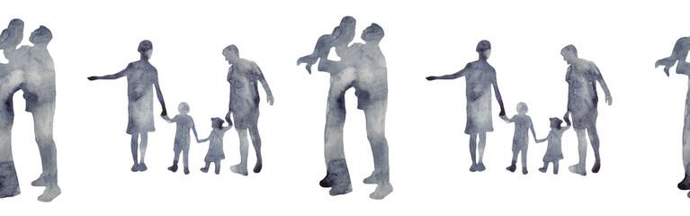 Watercolor border with silhouettes of people. Brush strokes in the form of blue silhouettes of people,Silhouette of family on white background.