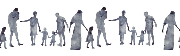 Watercolor border with silhouettes of people. Brush strokes in the form of blue silhouettes of...