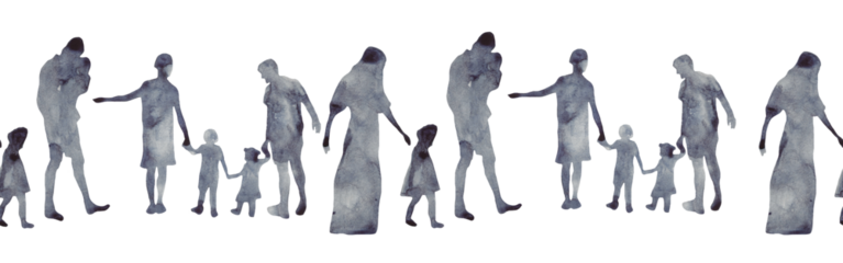 Watercolor border with silhouettes of people. Brush strokes in the form of blue silhouettes of people,Silhouette of family on white background.