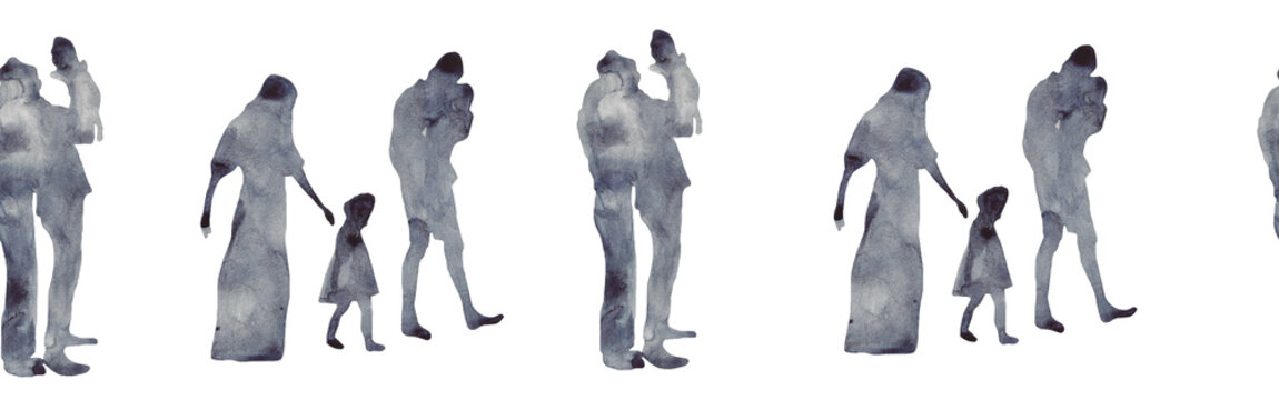 Watercolor border with silhouettes of people. Brush strokes in the form of blue silhouettes of people,Silhouette of family on white background.
