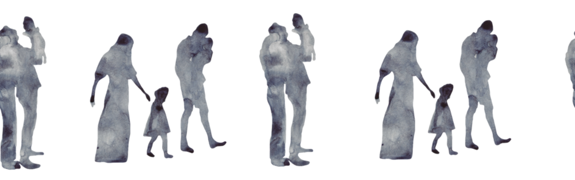 Watercolor border with silhouettes of people. Brush strokes in the form of blue silhouettes of people,Silhouette of family on white background.