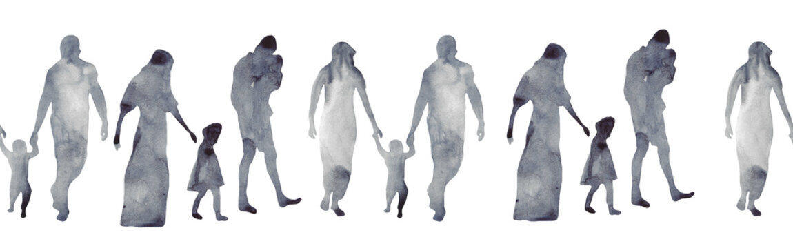 Watercolor border with silhouettes of people. Brush strokes in the form of blue silhouettes of people,Silhouette of family on white background.