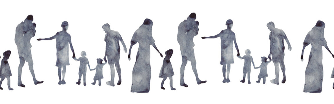 Watercolor border with silhouettes of people. Brush strokes in the form of blue silhouettes of people,Silhouette of family on white background.