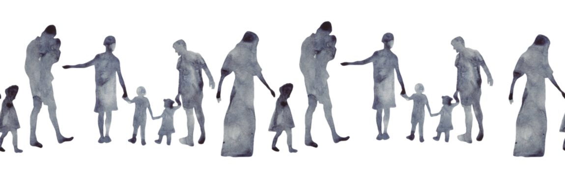 Watercolor border with silhouettes of people. Brush strokes in the form of blue silhouettes of people,Silhouette of family on white background. - Powered by Adobe