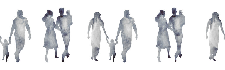 Watercolor border with silhouettes of people. Brush strokes in the form of blue silhouettes of people,Silhouette of family on white background.