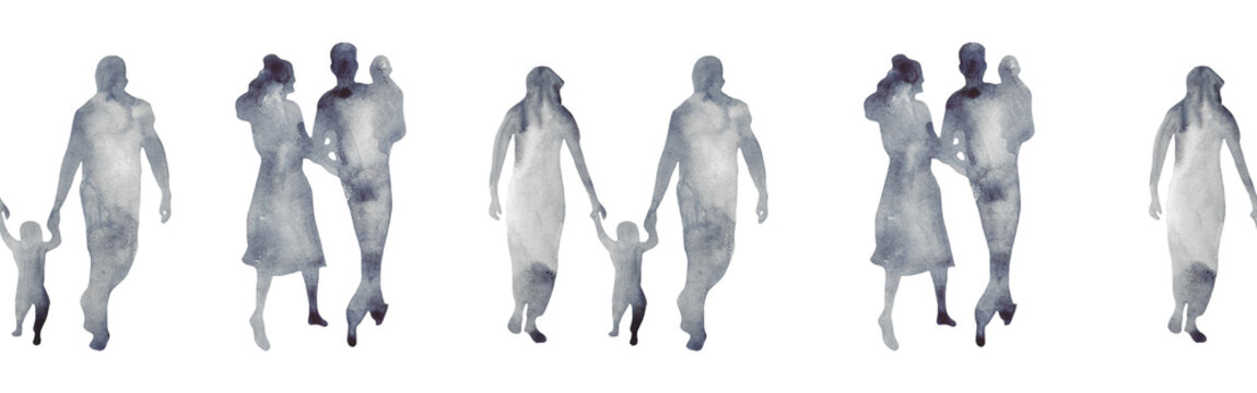 Watercolor border with silhouettes of people. Brush strokes in the form of blue silhouettes of people,Silhouette of family on white background.