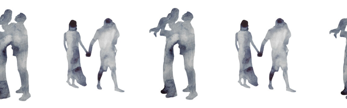 Watercolor border with silhouettes of people. Brush strokes in the form of blue silhouettes of people,Silhouette of family on white background.