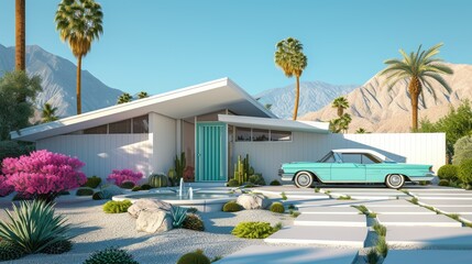 Fototapeta premium Vintage Chic: Midcentury Bungalow with Mint Green Door