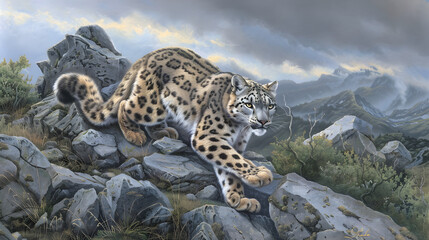 Agile snow leopard stealthily traversing a rocky Himalayan terrain


 - obrazy, fototapety, plakaty