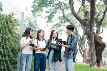 Diverse group of young adults from Asia and beyond, enjoying university life together. happy, learning, and making lifelong friendships, whether in outside class, sunny summer days or cozy weekends