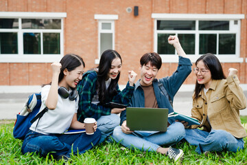Diverse group of young adults from Asia and beyond, enjoying university life together. happy,...