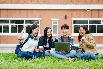 Diverse group of young adults from Asia and beyond, enjoying university life together. happy,...